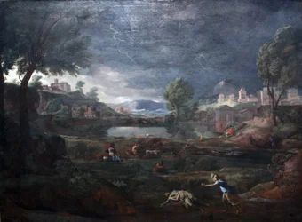 Landschaft während eines Gewitters mit Pyramus und Thisbe